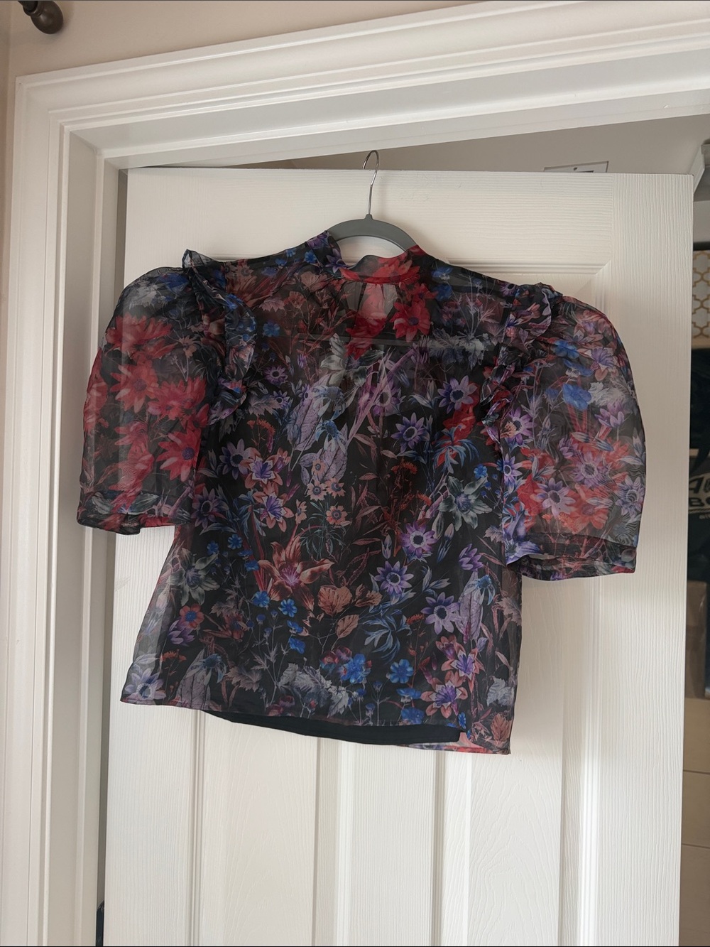 Maeve Black Sheer Floral Puff-Sleeve Blouse